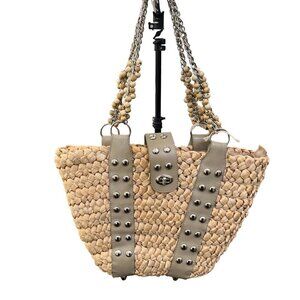 Womens Straw Woven Tote‎ Bag With Beaded Strap